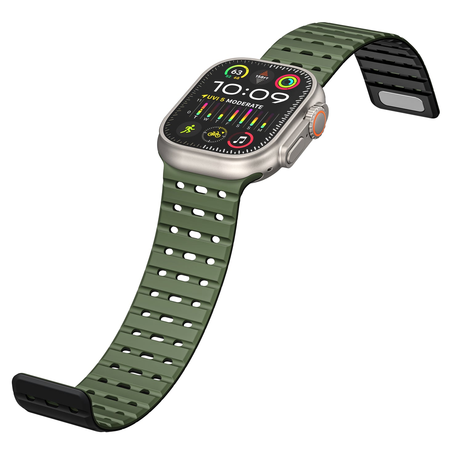 Das magnetische Silikonarmband „Power“ von arktis für die Apple Watch verfügt über ein silbernes Gehäuse und ein grünes Silikonarmband. Das Display zeigt Uhrzeit, Datum, Fitnessringe, Aktivitätssymbole und Herzfrequenz auf schwarzem Hintergrund an. Kompatibel mit der Apple Watch.