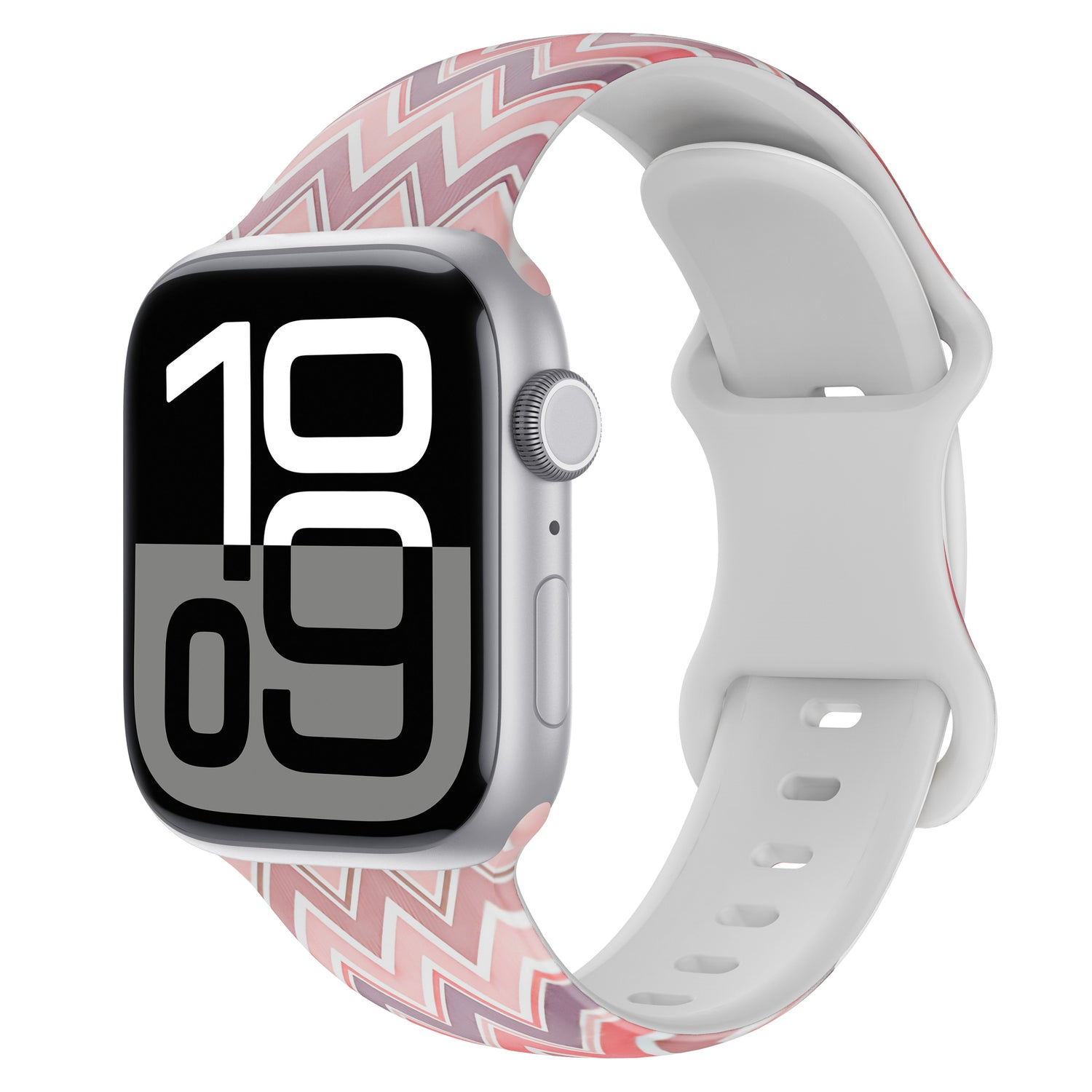 Das arktisband EDITION für Apple Watch von arktisband hat ein rosa-weißes Zickzack-Sportarmband und zeigt eine fette Digitalzeit von 10:09.