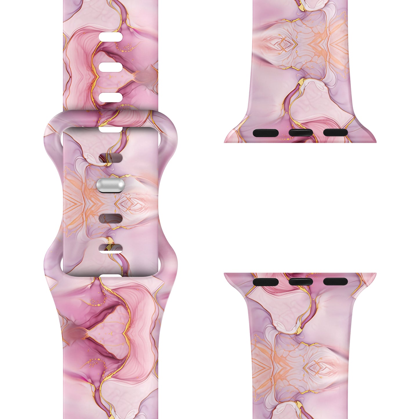 Das arktisband Rose Marble Apple Watch Armband von arktisband zeigt ein rosa, lila und goldenes Marmor-Blumenmuster auf einem Silikonband - perfekt für den Sport und aus mehreren Blickwinkeln betrachtet.