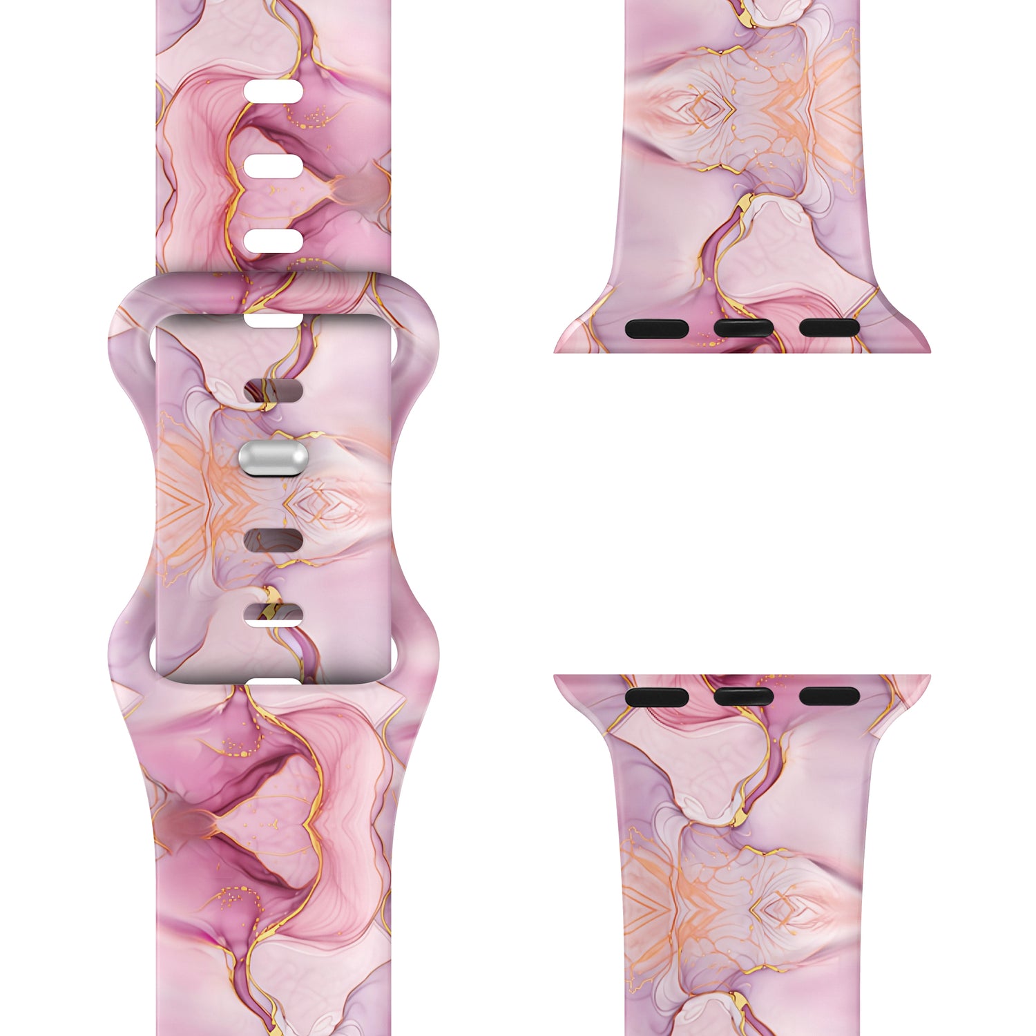 Das arktisband Rose Marble Apple Watch Armband von arktisband zeigt ein rosa, lila und goldenes Marmor-Blumenmuster auf einem Silikonband - perfekt für den Sport und aus mehreren Blickwinkeln betrachtet.