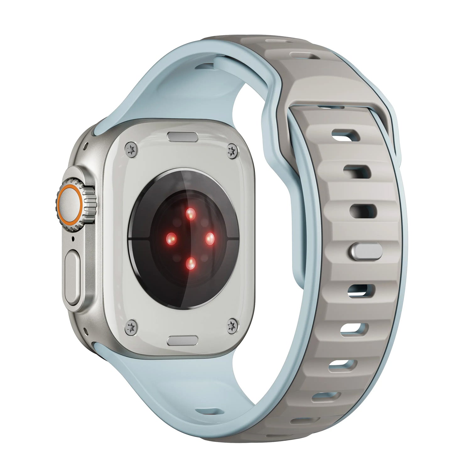 Das arktisband Apple Watch Silikonarmband „Swift“ in Grau und Blau wird auf einer silbernen Smartwatch mit sichtbaren Sensorlichtern und einem Aluminium-Pin-Verschluss gezeigt.