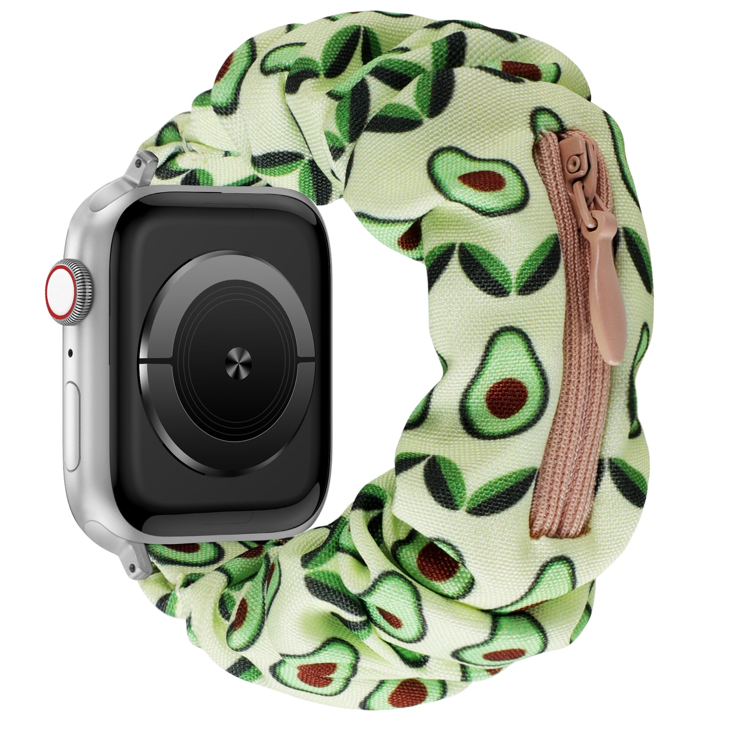 Das arktisband Apple Watch Scrunchie Armband "Elanora" verfügt über süße Avocado-Prints, eine praktische Reißverschlusstasche und eine elastische Passform - für stilvollen Komfort und Bequemlichkeit für Ihre Smartwatch.