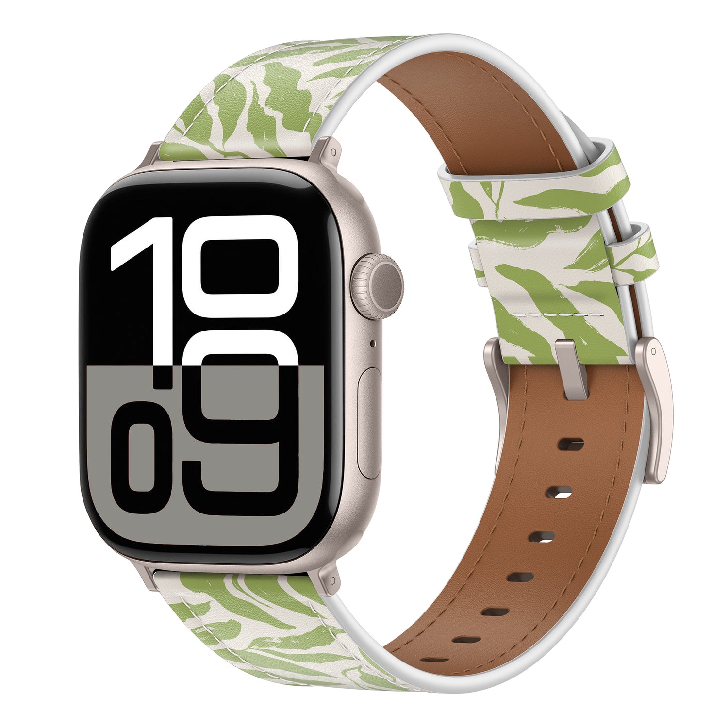 Das Arktisband Apple Watch Lederarmband "Studio" in Grün und Weiß, abgebildet bei 10:09, ist perfekt für alle, die Wert auf individuelles Design legen.