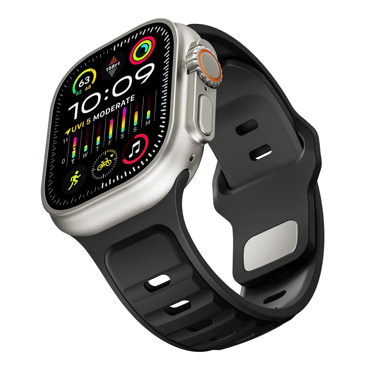 Das arktisband Apple Watch Silikonarmband „Swift“ von arktisband in Schwarz ist schweißabsorbierend und atmungsaktiv und zeigt in Kombination mit einer silbernen Smartwatch Uhrzeit, Datum, Wetter, UV-Index, Aktivitätssymbole und Fitnesswerte auf einem farbenfrohen digitalen Bildschirm an.