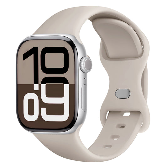 Das arktisband Apple Watch Silikonarmband "Sport" ist ein beiges, verstellbares Armband, ideal für sportliche Aktivitäten. Es wird auf einer Smartwatch mit rechteckigem Touchscreen angezeigt, der 10:09 in fetten Ziffern anzeigt. Es ist Apple Watch kompatibel.