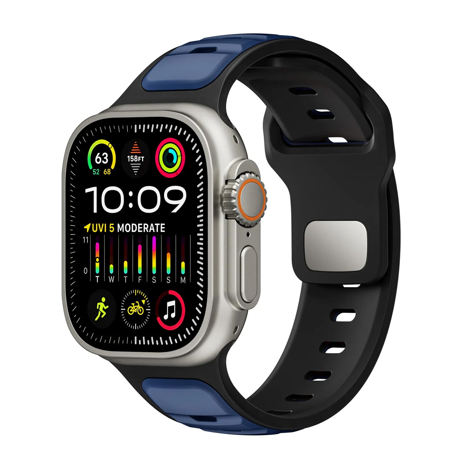 Die arktisband Apple Watch Silikonarmband „Swift“ Smartwatch verfügt über einen rechteckigen Touchscreen, der die Uhrzeit (10:09), Gesundheitsdaten und Aktivitätssymbole anzeigt. Sie wird mit einem schwarz-blauen, schweißabsorbierenden und atmungsaktiven Silikonarmband von arktisband geliefert.