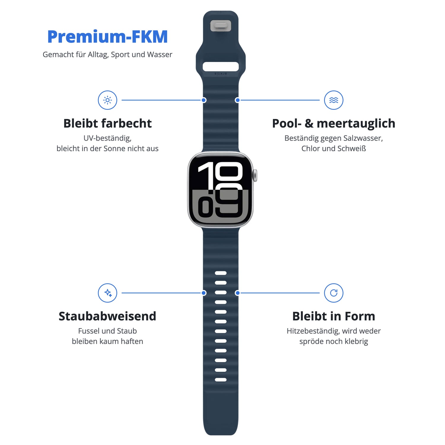 Das arktisband Apple Watch Sportarmband „Motion“ von arktisband ist ein blaues, farbechtes, staubdichtes und schwimmbad- sowie salzwasserbeständiges Armband, das seine Form behält. Es verfügt über eine strapazierfähige Fluorelastomer-Konstruktion und ein komfortables, wellenförmiges Design für den ganztägigen Tragekomfort.