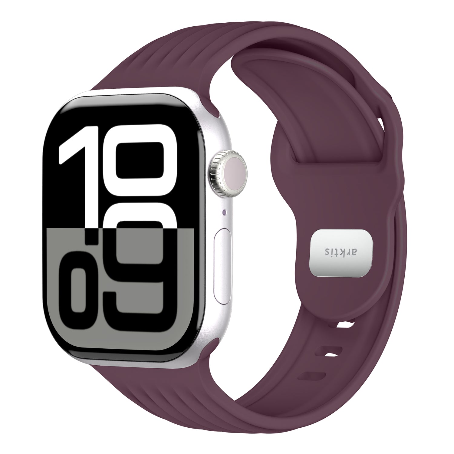 Das arktisband Apple Watch Armband "Skandi" verfügt über ein großes digitales Display und ein lila Fluorelastomer-Band, das vom Skandi-Design inspiriert ist.