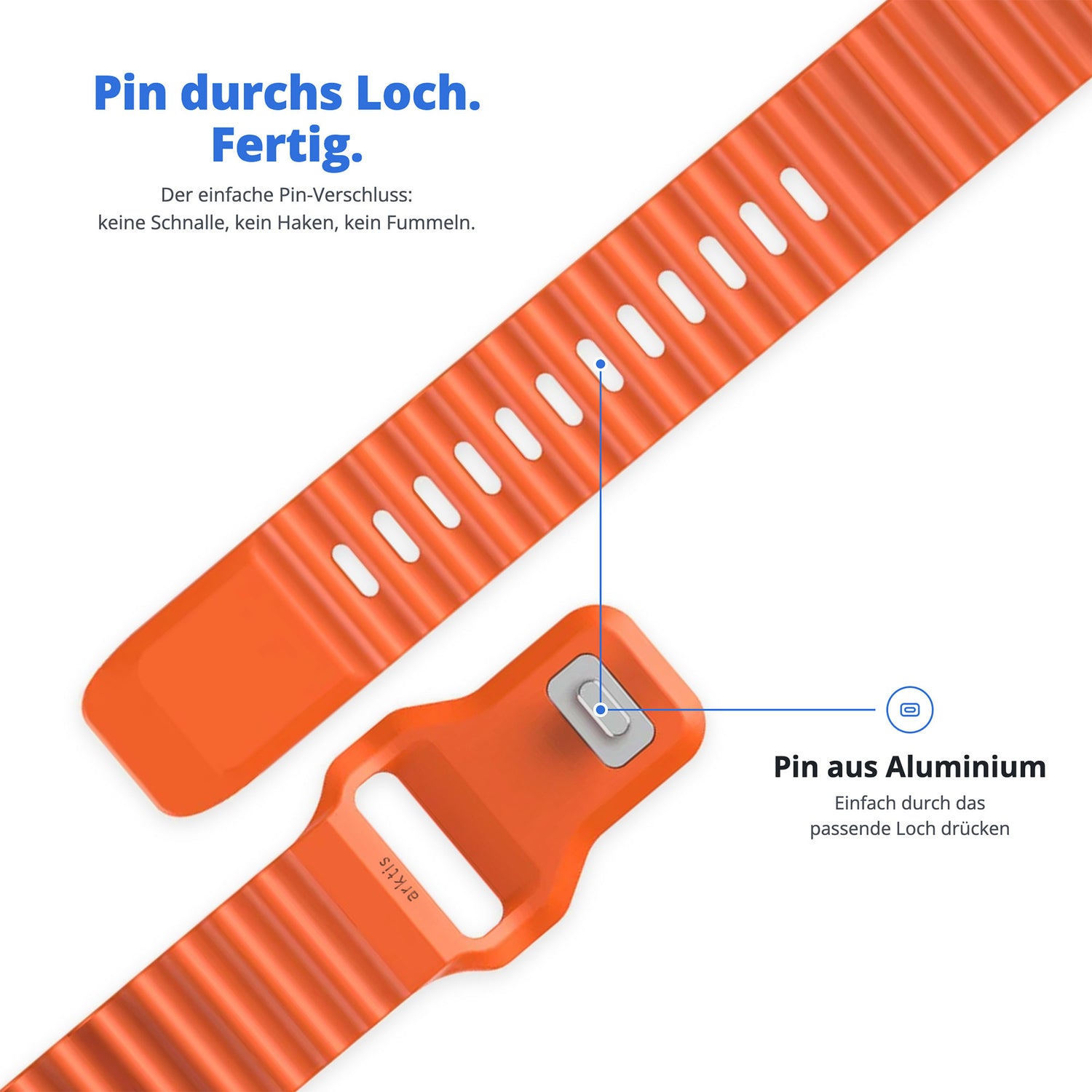 Orangefarbenes, strukturiertes Armband mit Metallstiftverschluss; die Abbildung zeigt, wie der Stift in die Löcher des Armbands einrastet. Das arktisband Apple Watch Sportarmband „Motion“ von arktisband eignet sich ideal als Apple Watch Sportarmband und bietet sowohl Strapazierfähigkeit als auch Tragekomfort – perfekt als Armband für den Sport.