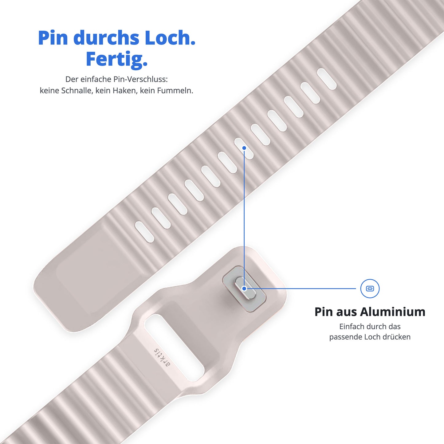 Abgebildet ist ein arktisband Apple Watch Sportarmband „Motion“ in Grau, das zeigt, wie man es durch Einstecken eines Stifts in ein Loch befestigt; die Anleitung ist auf Deutsch verfasst.