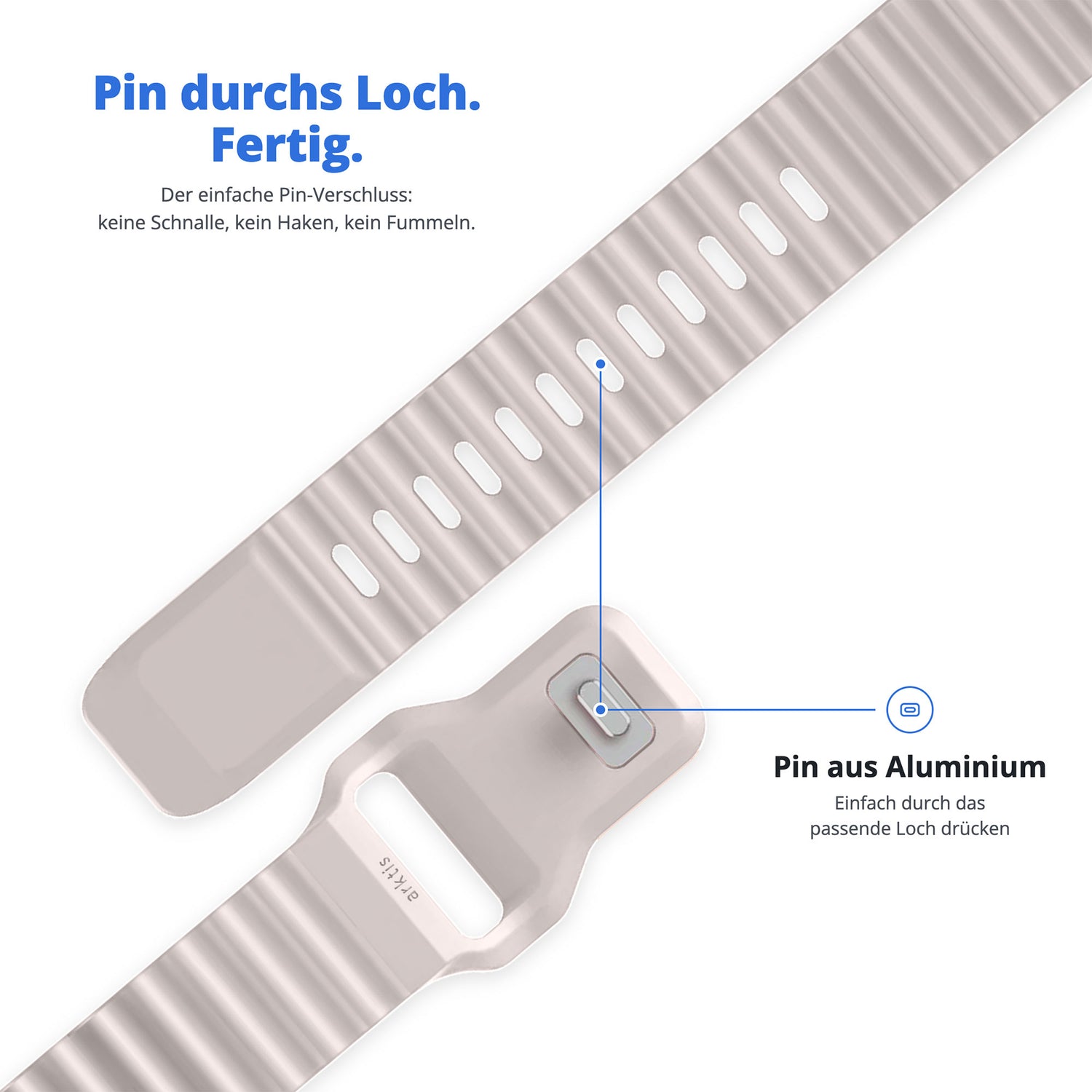Abgebildet ist ein arktisband Apple Watch Sportarmband „Motion“ in Grau, das zeigt, wie man es durch Einstecken eines Stifts in ein Loch befestigt; die Anleitung ist auf Deutsch verfasst.