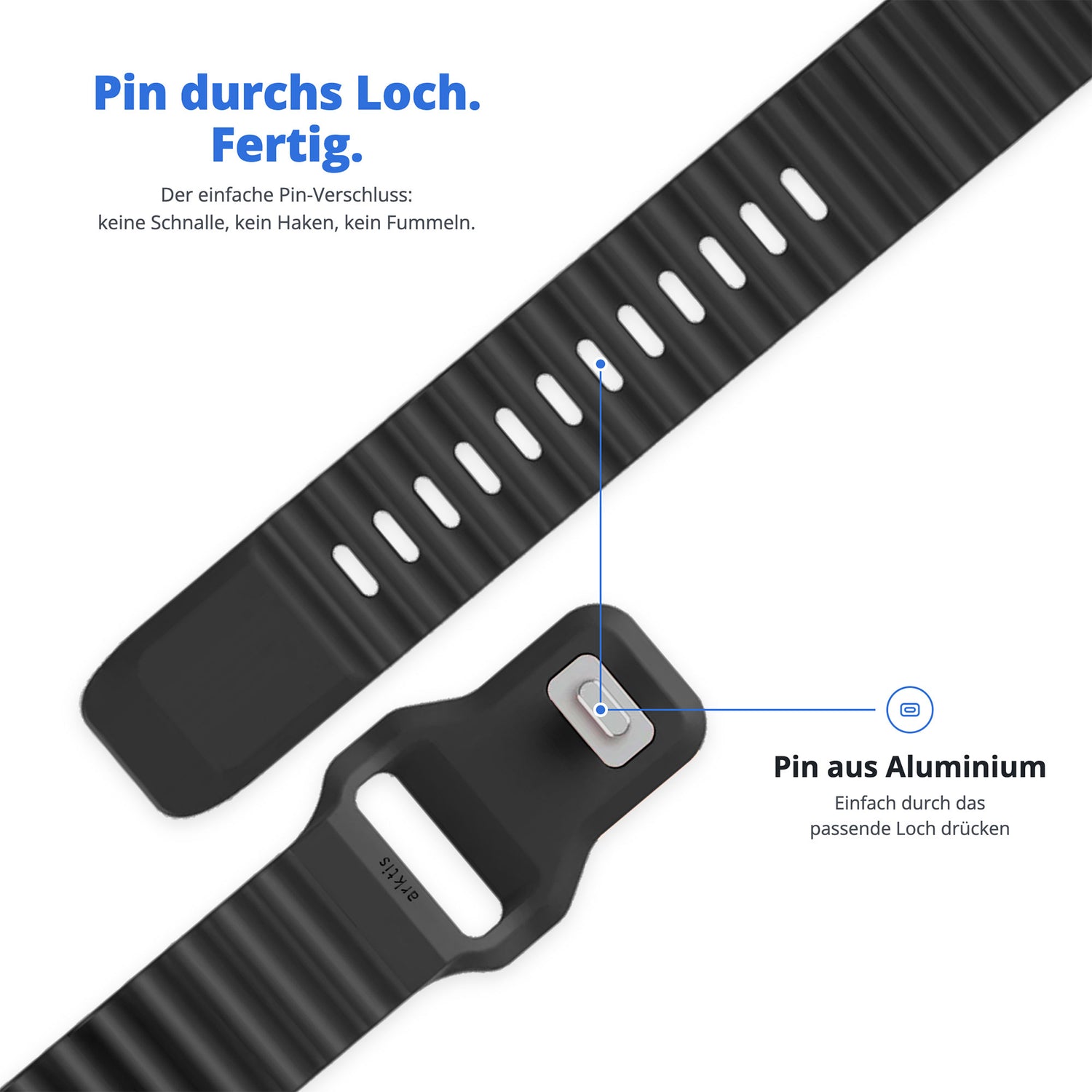 Arktisband Apple Watch Sportarmband „Motion“ in Schwarz mit Löchern; ein Dornverschluss wird hervorgehoben und auf Deutsch als funktionales Merkmal beschrieben. Das hochwertige Fluorelastomer macht dieses arktisband-Armband zum perfekten Begleiter für den Sport.