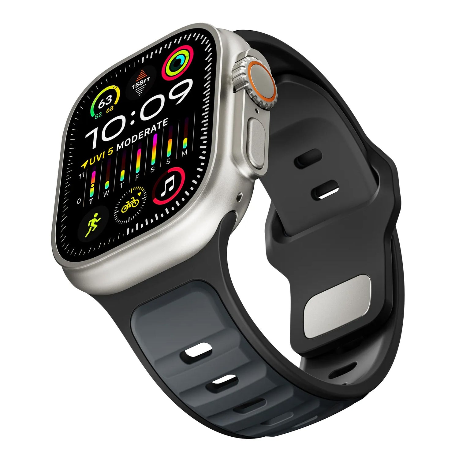 Das arktisband Apple Watch Silikonarmband „Swift“ von arktisband verfügt über ein schwarz-graues, schweißabsorbierendes und atmungsaktives Armband mit orangefarbenem Seitenknopf. Die silberne Smartwatch zeigt Uhrzeit, Aktivitätssymbole und Gesundheitsdaten auf einem farbenfrohen Display an.