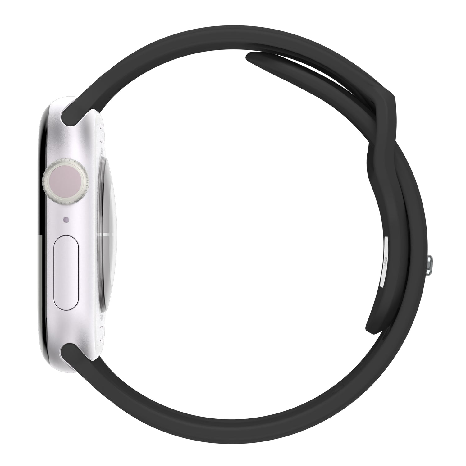 Seitenansicht des arktisband Apple Watch Armbands "Skandi" von arktisband aus schwarzem Fluorelastomer, teilweise geöffnet, befestigt an einer Smartwatch mit silbernem Gehäuse vor weißem Hintergrund.