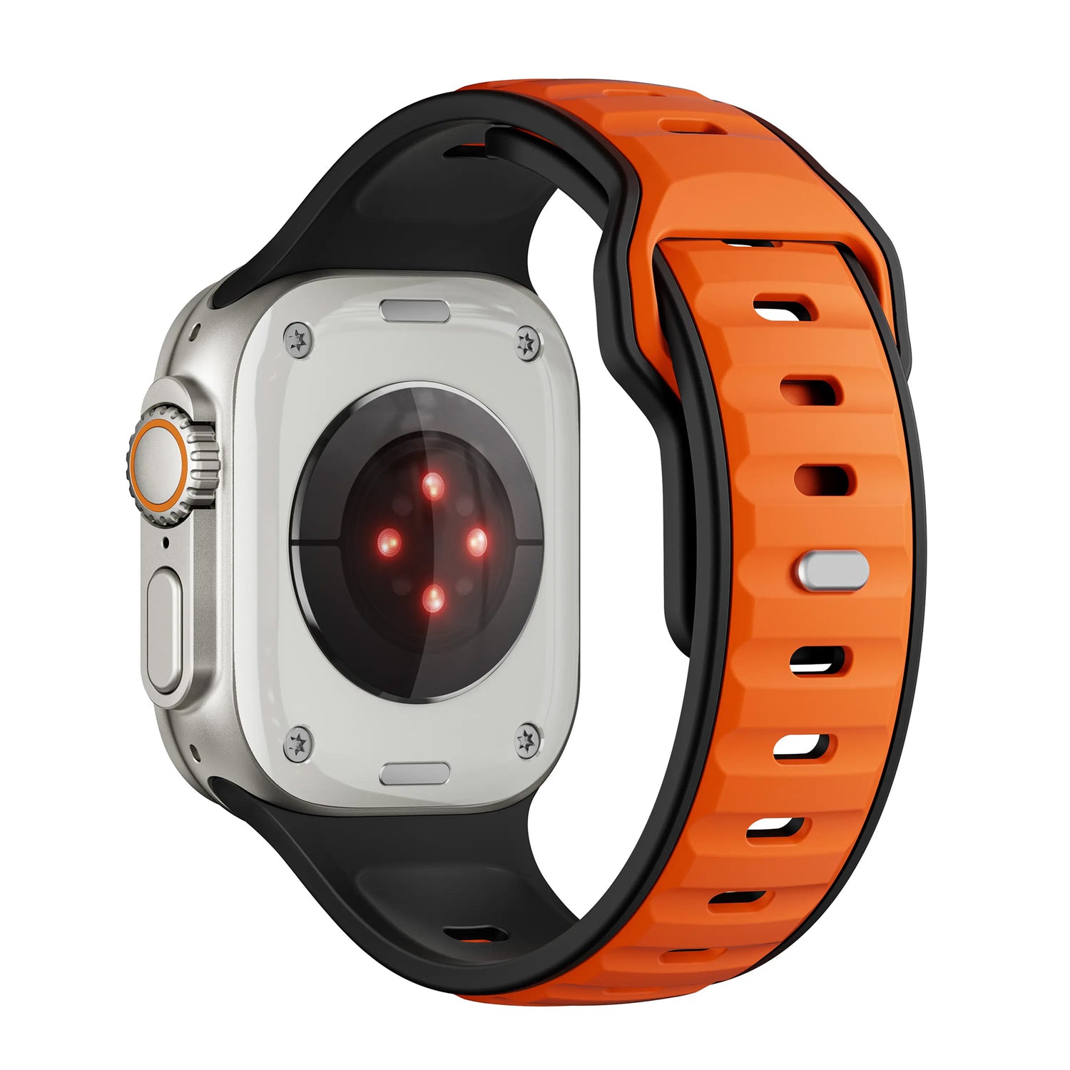 Das arktisband Apple Watch Silikonarmband „Swift“ verfügt über ein orange-schwarzes Design, einen Aluminium-Pin-Verschluss und leuchtende Sensorlichter auf der Rückseite.