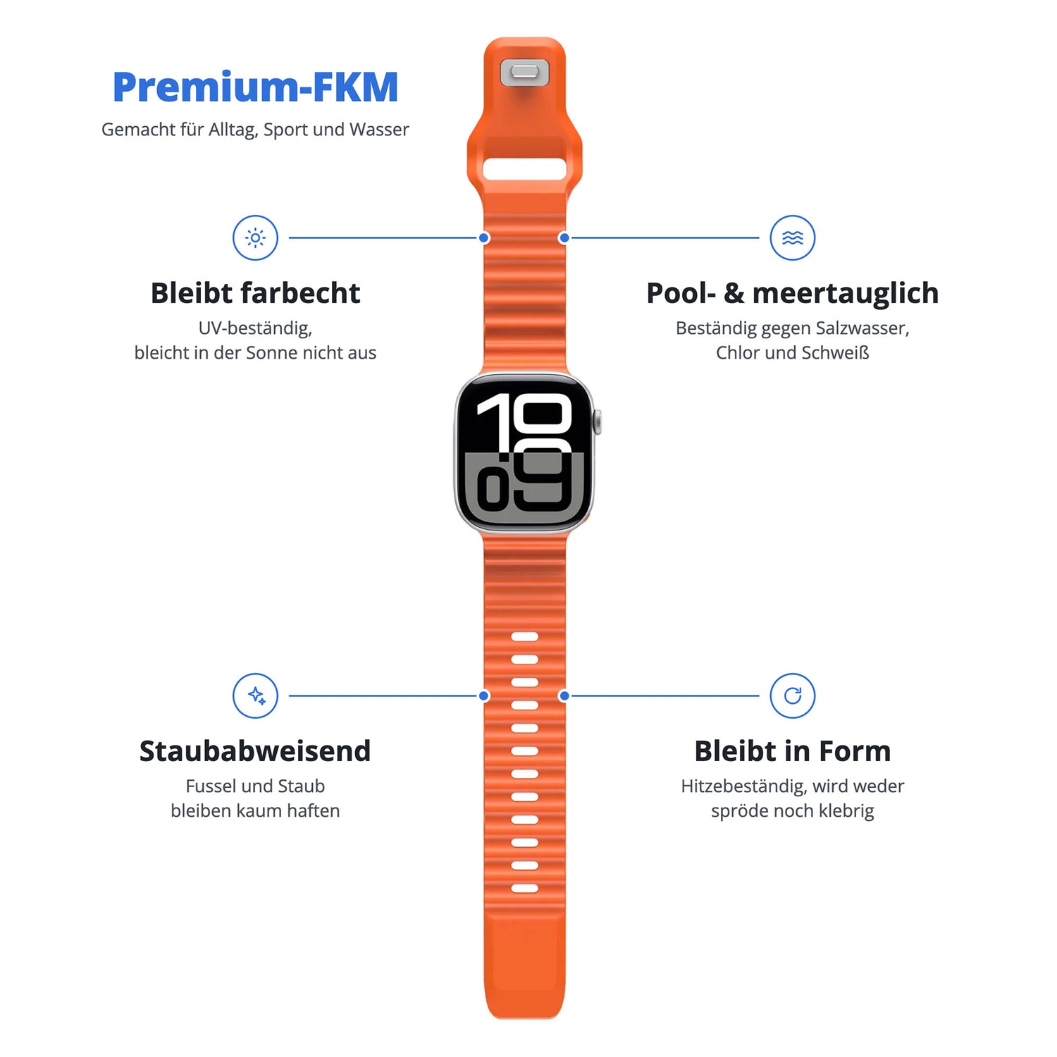 Arktisband Apple Watch Sportarmband „Motion“ – orangefarbenes Fluorelastomer-Armband mit deutscher Beschriftung, das UV-Beständigkeit, Wasser- und Staubbeständigkeit sowie Langlebigkeit bietet; das perfekte, vielseitige arktisband Sportarmband für den Alltag und das Training.