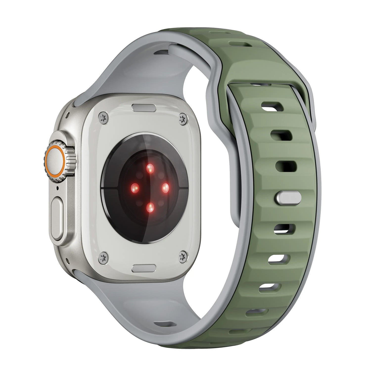 Das arktisband Apple Watch Silikonarmband „Swift“ in Grün verfügt über einen sicheren Aluminium-Pin-Verschluss und Rückensensoren mit roten LED-Leuchten und passt stilvoll zu Ihrer silbernen Smartwatch.