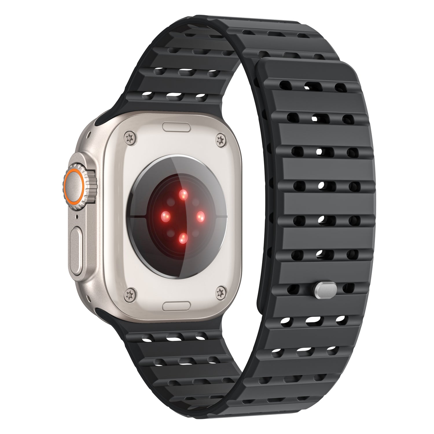Das magnetische Silikonarmband „Power“ von arktis für die Apple Watch wird von hinten gezeigt und verfügt über ein Metallgehäuse, ein schwarzes belüftetes Band und einen kreisförmigen Sensorbereich mit roten LED-Leuchten.