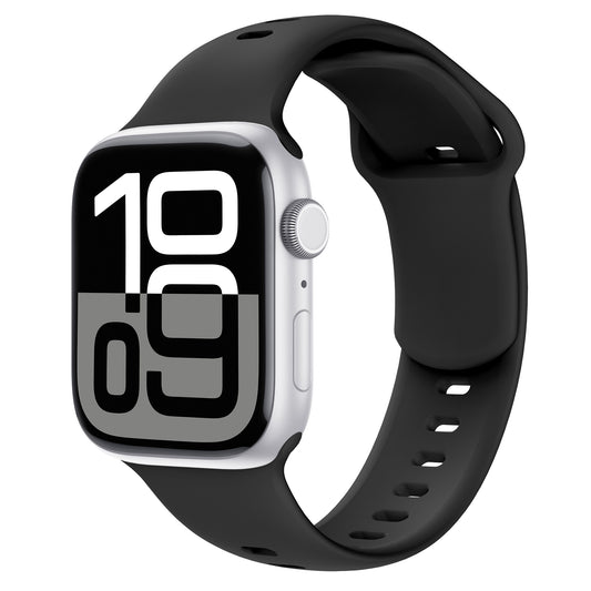 Das arktisband Apple Watch Silikonarmband „Solis“ verfügt über ein schwarzes Band und ein silbernes Gehäuse mit einer digitalen Anzeige mit großen weißen Zahlen, fotografiert auf einem schlichten weißen Hintergrund.
