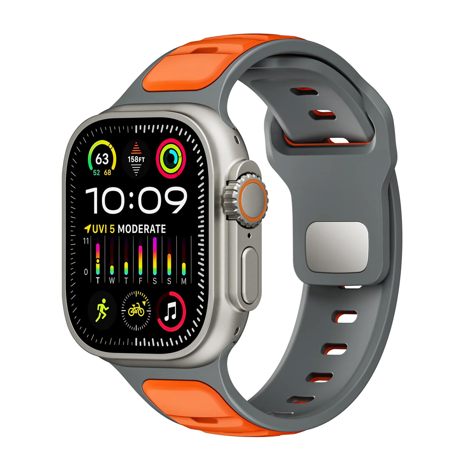 Das arktisband Apple Watch Silikonarmband „Swift“ von arktisband in Grau und Orange ist schweißabsorbierend und atmungsaktiv, gepaart mit einer Smartwatch, die eine farbenfrohe digitale Benutzeroberfläche mit Uhrzeit, Aktivitätsringen, Gesundheitsdaten, Apps und Wetter anzeigt.