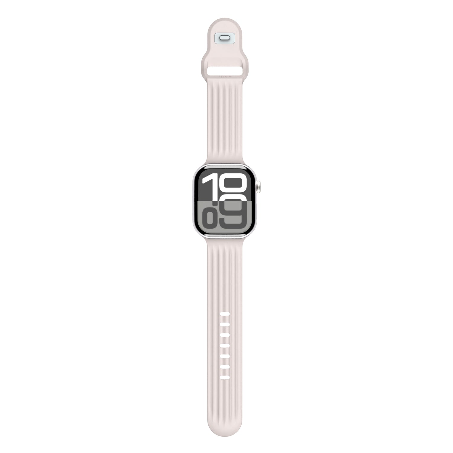 Das arktisband Apple Watch Armband "Skandi" besticht durch sein schlankes Skandi-Design, ein bequemes Fluorelastomer-Band in Beige und ein rechteckiges Zifferblatt, das in großen Ziffern 10:09 anzeigt.