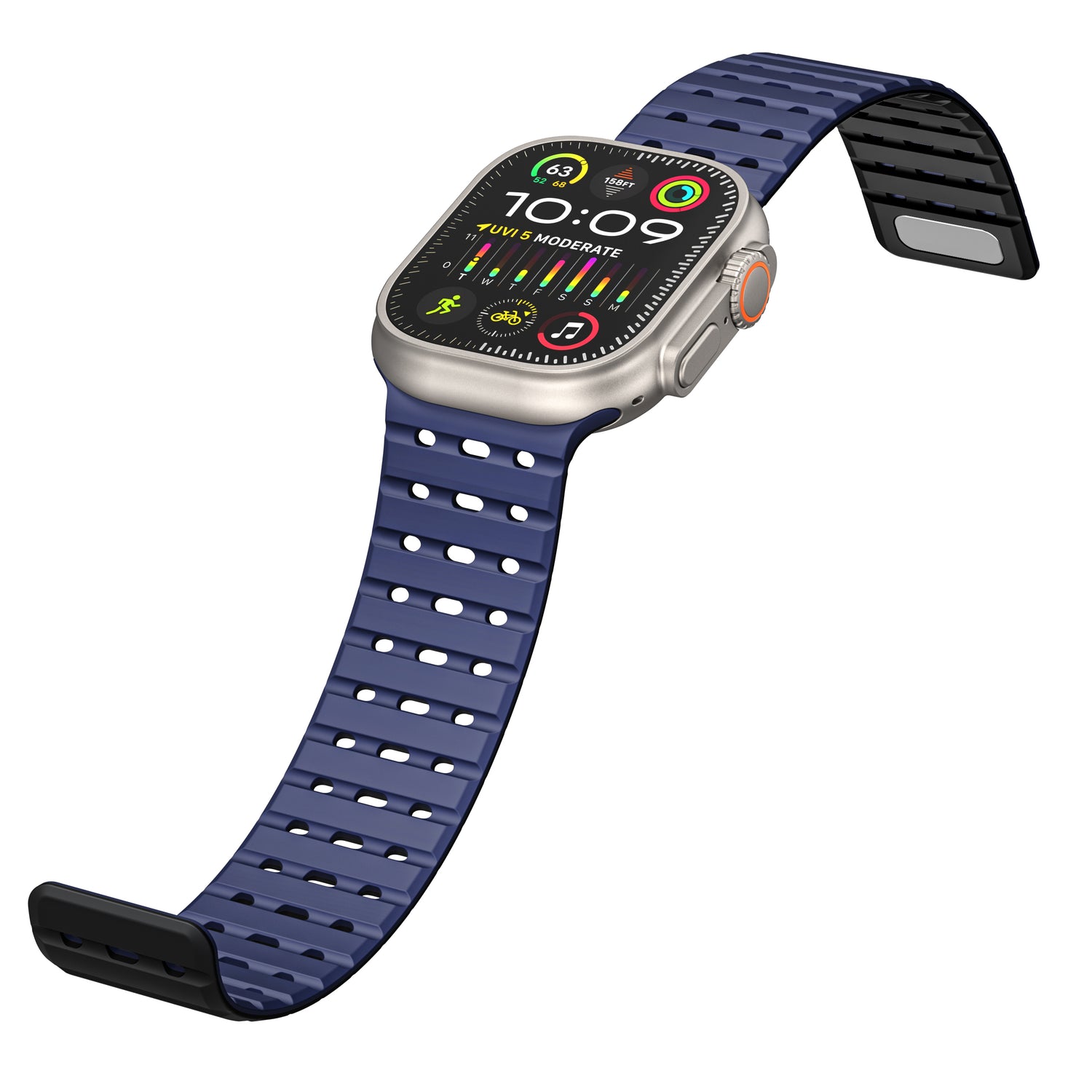 Eine arktis Apple Watch mit rechteckigem Digitaldisplay und blauem arktisband magnetischem Silikonarmband „Power“ ist schräg abgebildet. Auf dem Display werden Uhrzeit, Aktivitätsringe, Wetter und App-Symbole angezeigt.