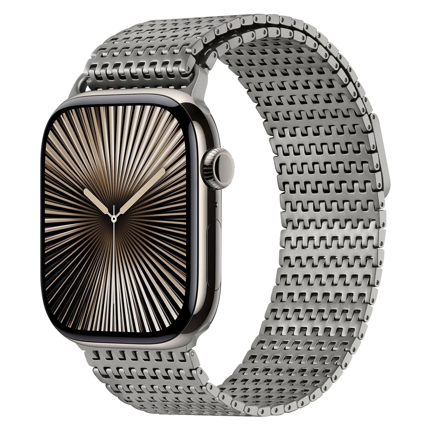Das arktisband Apple Watch Edelstahl Armband „Aurora“ verfügt über ein silbernes, gemustertes Edelstahlband und ein rechteckiges schwarzes Display mit Sternendesign und weißen Zeigern. Ein sicherer Magnetverschluss sorgt für Komfort und Stil.