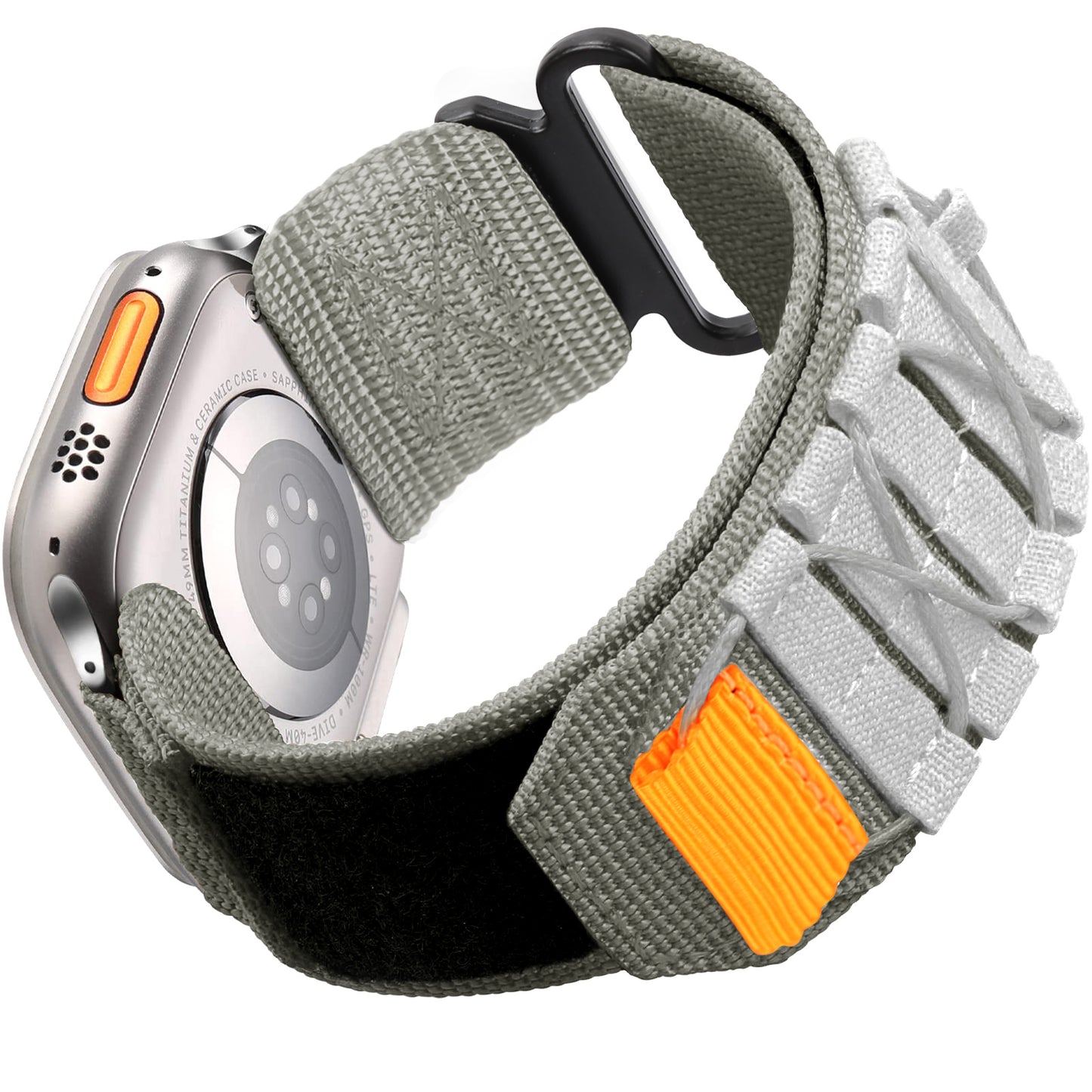 Graues und orangefarbenes Arktisband Apple Watch Outdoor Armband "Forge" mit gewebtem Nylonband und schwarzer Schnalle, von hinten gesehen.