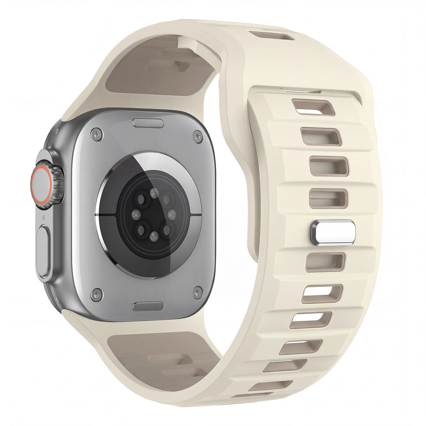 Das Arktisband Apple Watch Silikonarmband "Runner" in creme, abgebildet auf einer silbernen Smartwatch mit einem robusten 26 mm Band aus Rück- und Seitenansicht.
