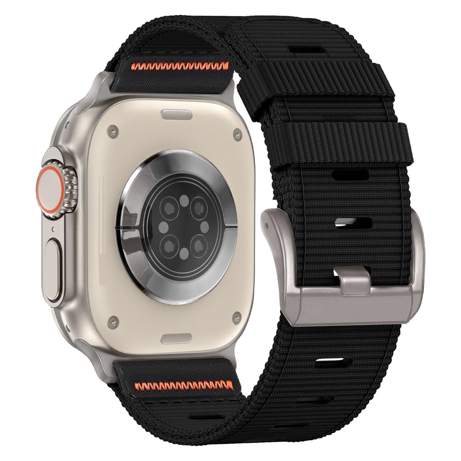Rückansicht des arktisband Apple Watch Armbands "Terra" von arktisband, ein extrabreites schwarzes Nylonarmband mit einem orangefarbenen Akzent in der Nähe der Bandanstöße, dargestellt an einer Apple Watch Ultra.
