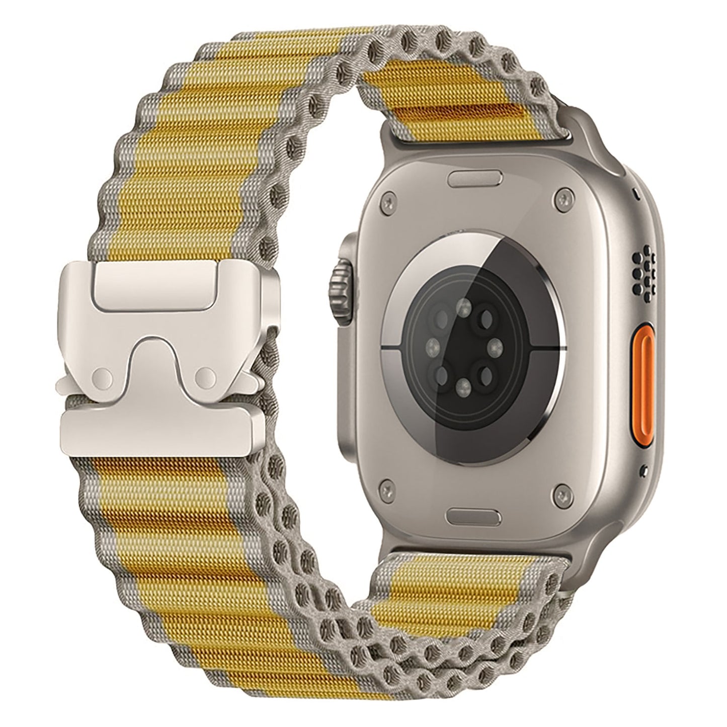 Nahaufnahme des arktisband Apple Watch Armbands "CoreX" mit einem gelb-grau gewebten Nylonband, mit Rückensensoren und einem robusten Parachute-Verschluss aus Metall.