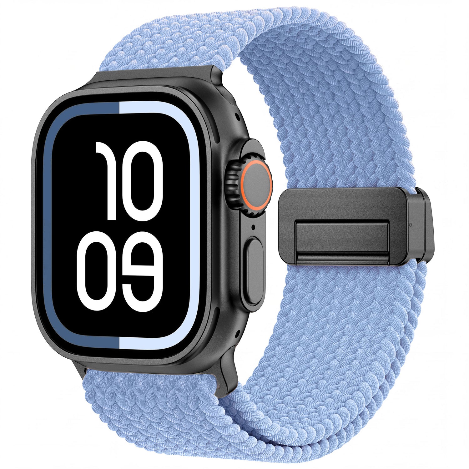 Das arktisband Geflochtenes Apple Watch Ultra Armband „Casual“ mit Magnetverschluss verfügt über ein schwarzes Gehäuse, ein großes Digitaldisplay und ein hellblaues, geflochtenes Armband von arktisband, das mit einem Magnetverschluss gesichert ist.