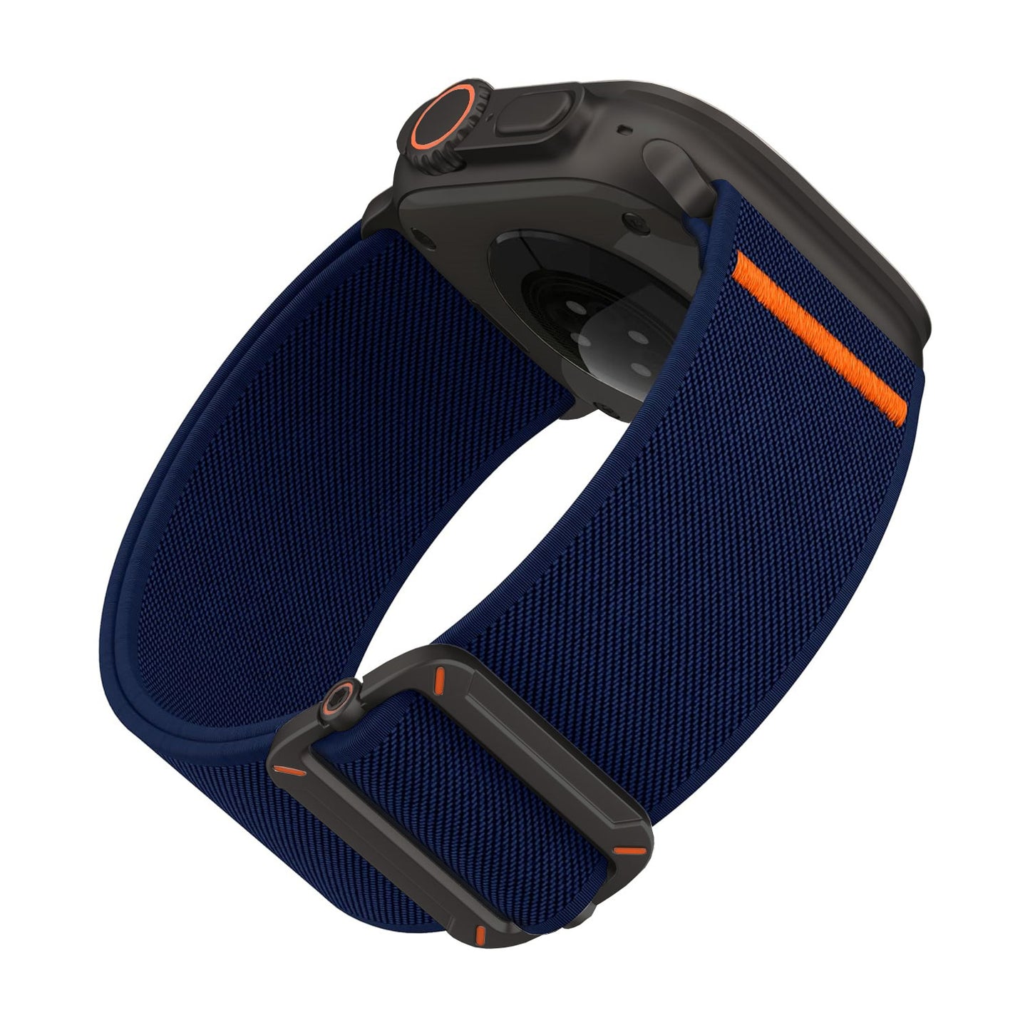 Eine schwarze Smartwatch mit dem Arktisband Apple Watch Nylonarmband "FlexOne" in Blau mit orangefarbenen Akzenten, dargestellt von der Rückseite und der Seite.