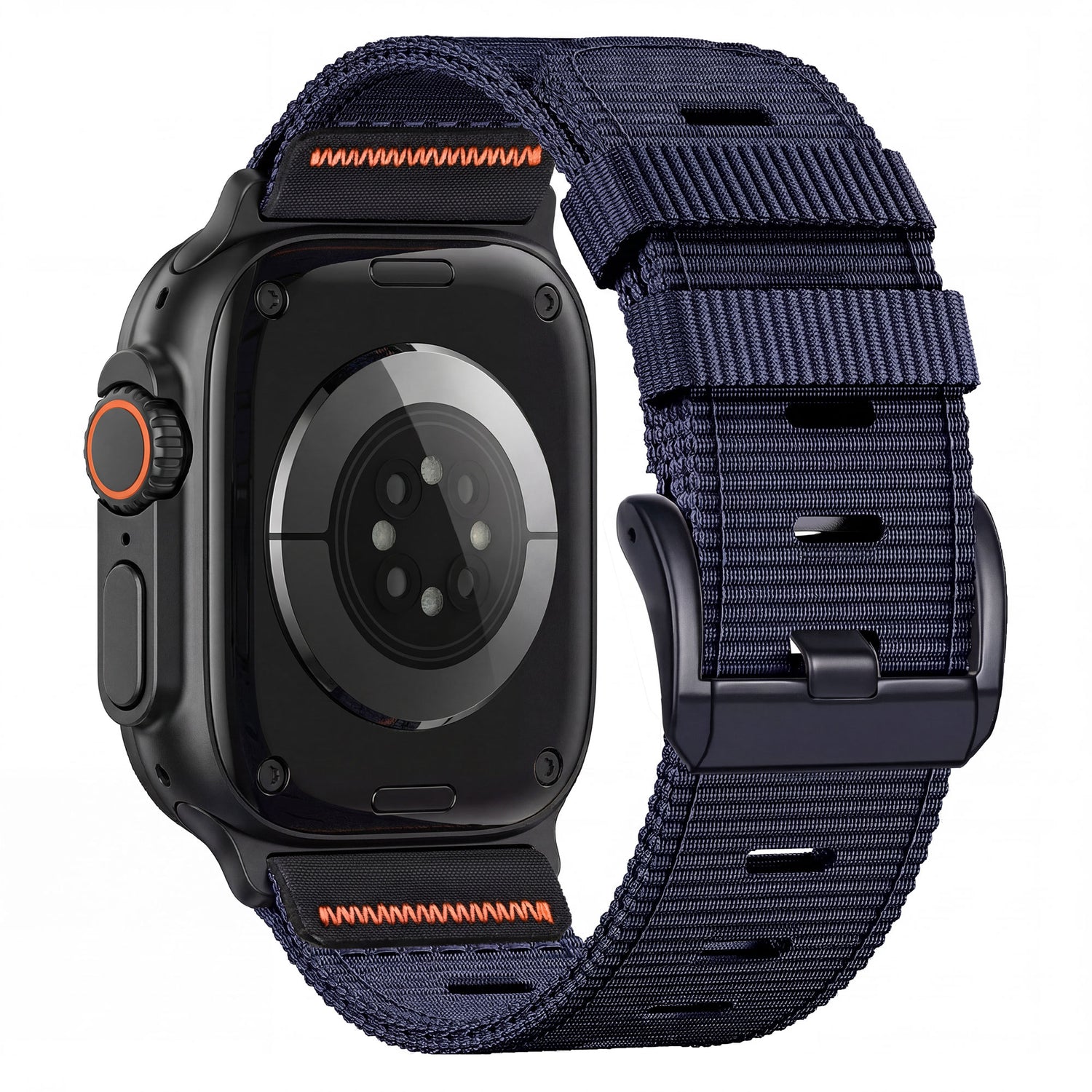 Das dunkelblaue, extrabreite arktisband Apple Watch Armband "Terra" von arktisband ist an einer schwarzen Apple Watch Ultra mit auffälligen orangen Akzenten befestigt.