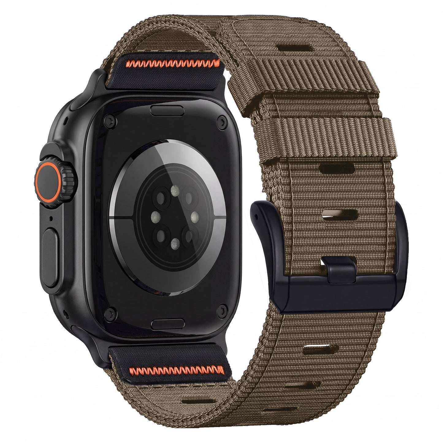 Das arktisband Apple Watch Armband "Terra" hat ein robustes, braunes, extra breites Nylonband, ein schwarzes Gehäuse und orangefarbene Akzente - ideal als stylisches Band für Ihre Apple Watch Ultra.