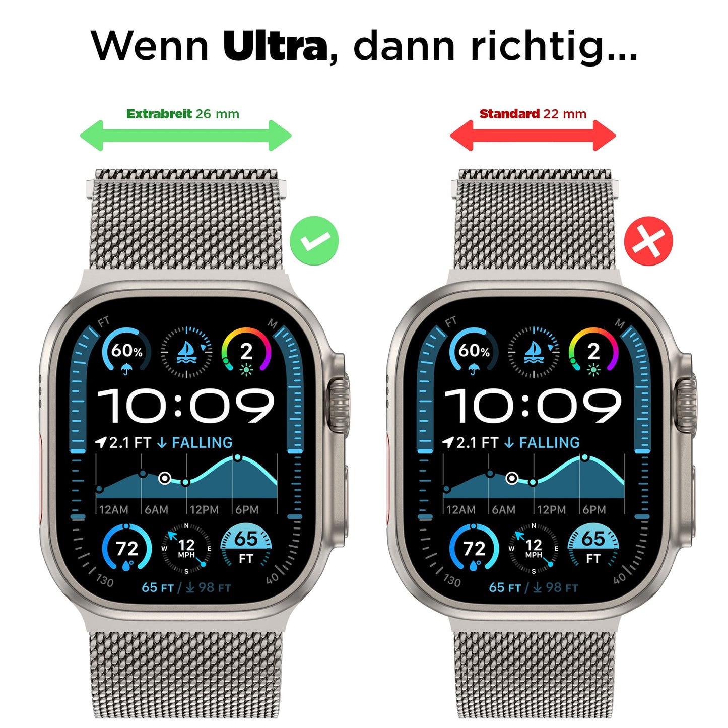 Das arktisband Apple Watch Ultra Milanaise Armband "Bold" bietet ein extra breites 26mm Band, perfekt für einen auffälligen Look, im Vergleich zu einer Standardbreite von 22mm, dargestellt mit grünen Karos und roten X-Markierungen.