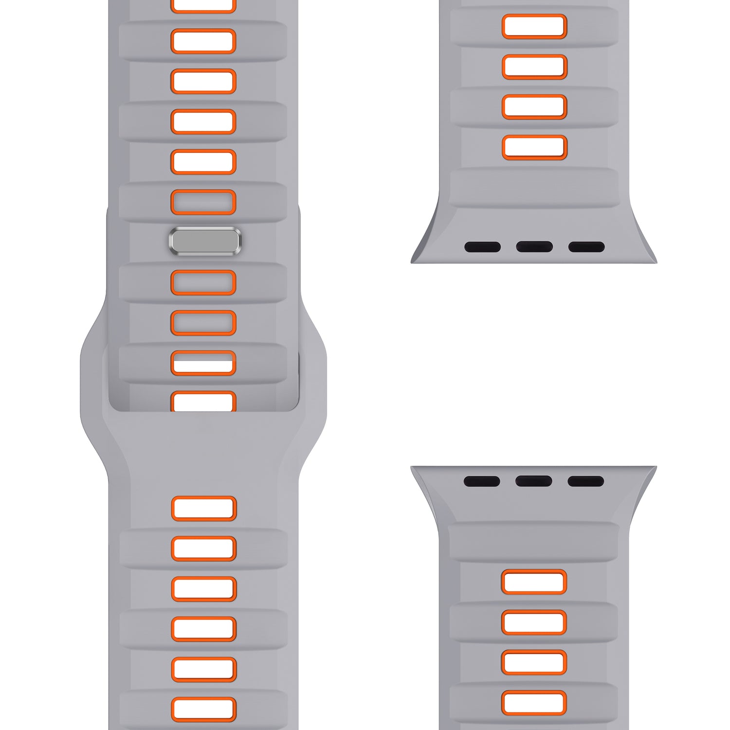 Das arktisband Apple Watch Silikonarmband „Runner“ von arktisband wird in drei Abschnitten gezeigt und verfügt über ein hellgraues, extrabreites Design mit rechteckigen, orange umrandeten Ausschnitten, einen Metallverschluss und eine atmungsaktive Struktur für die Kompatibilität mit der Apple Watch.