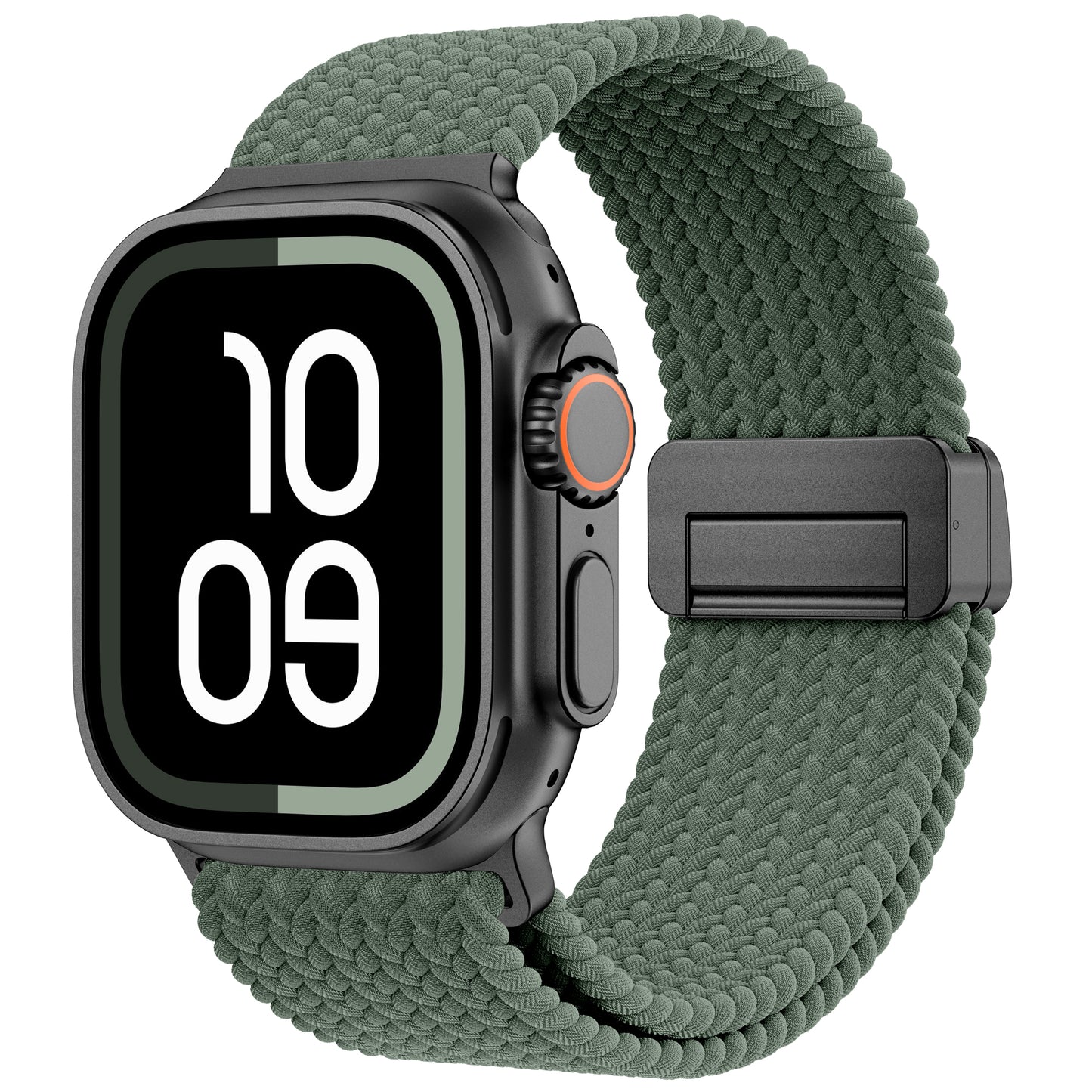 Das arktisband Geflochtenes Apple Watch Ultra Armband "Casual" in grün mit Magnetverschluss ist gepaart mit einer schwarzen Smartwatch, die auf ihrem Display die Uhrzeit 10:09 anzeigt.