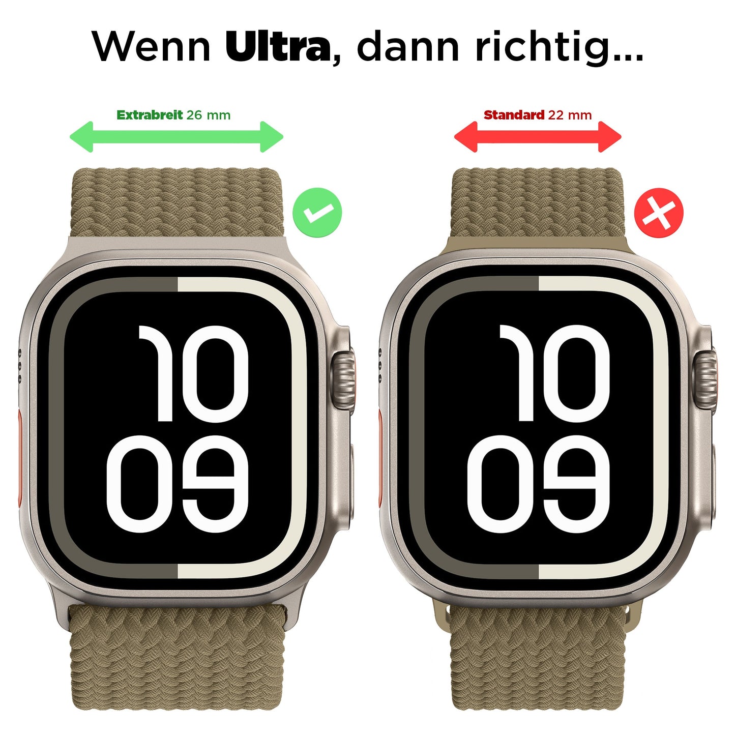 Vergleich eines 26-mm-Arktisband-Armbands Casual für die Apple Watch Ultra mit einem Häkchen und eines 22-mm-Armbands mit einem x.