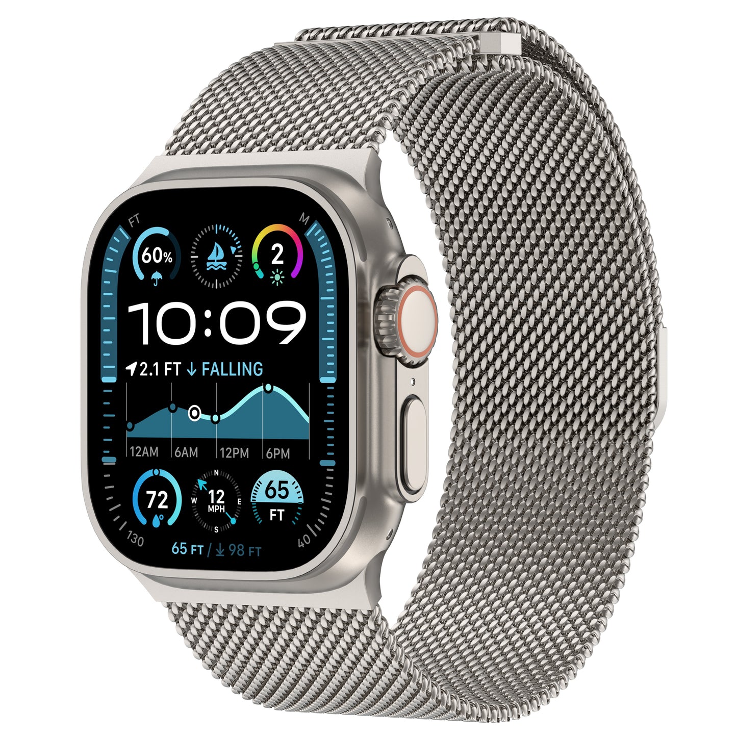 Das arktisband Apple Watch Ultra Milanaise Armband "Bold" von arktisband ist ein silbernes Smartwatch-Band mit Edelstahl-Milanaise-Gewebe und Magnetverschluss, perfekt für die Anzeige von Zeit, Wetter und Aktivitätsstatistiken auf einem farbigen Display.