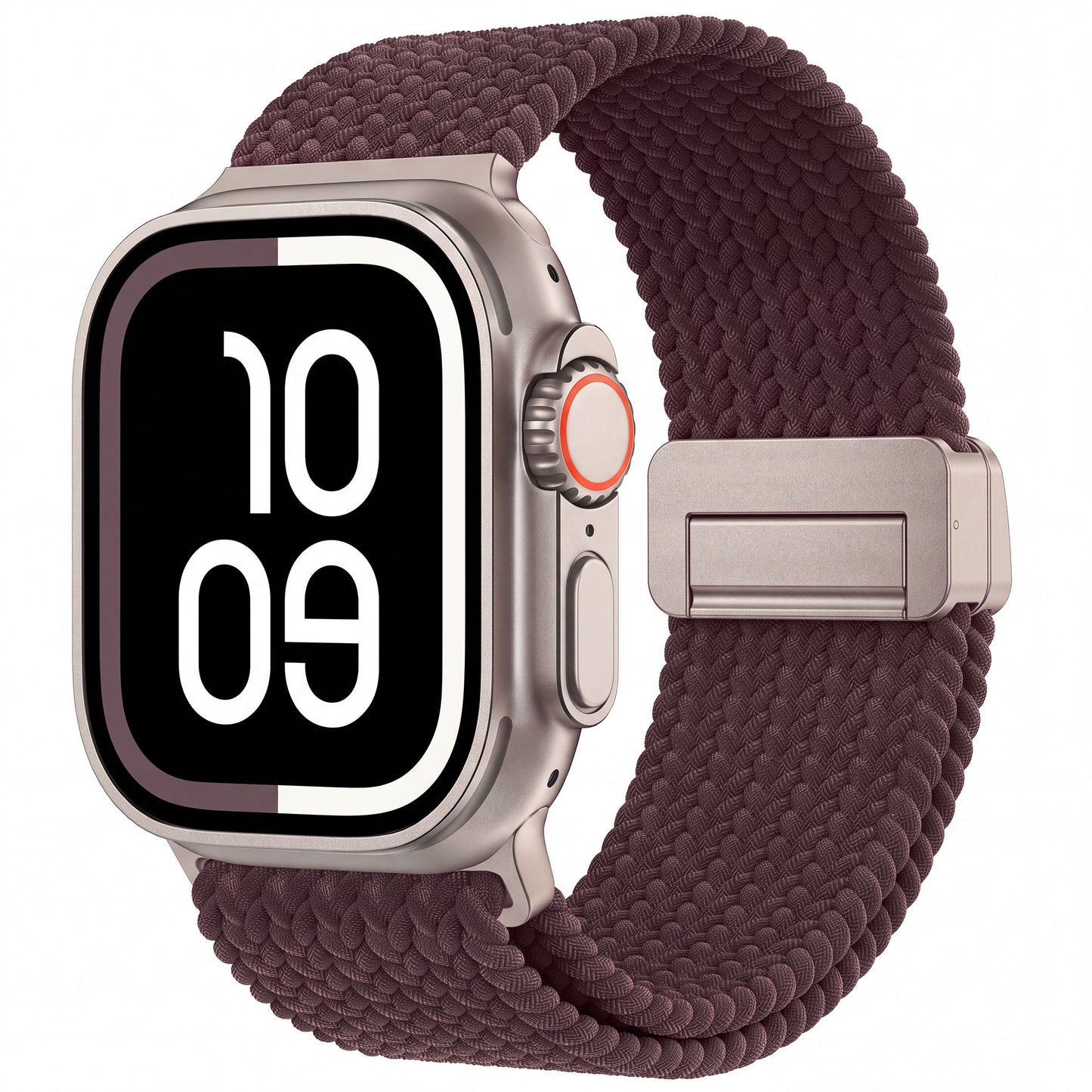 Smartwatch mit dem Arktisband „Geflochtenes Apple Watch Ultra Armband ‚Casual‘“ mit Magnetverschluss in Bordeauxrot, auf deren markantem Digitaldisplay die Uhrzeit 10:09 angezeigt wird.