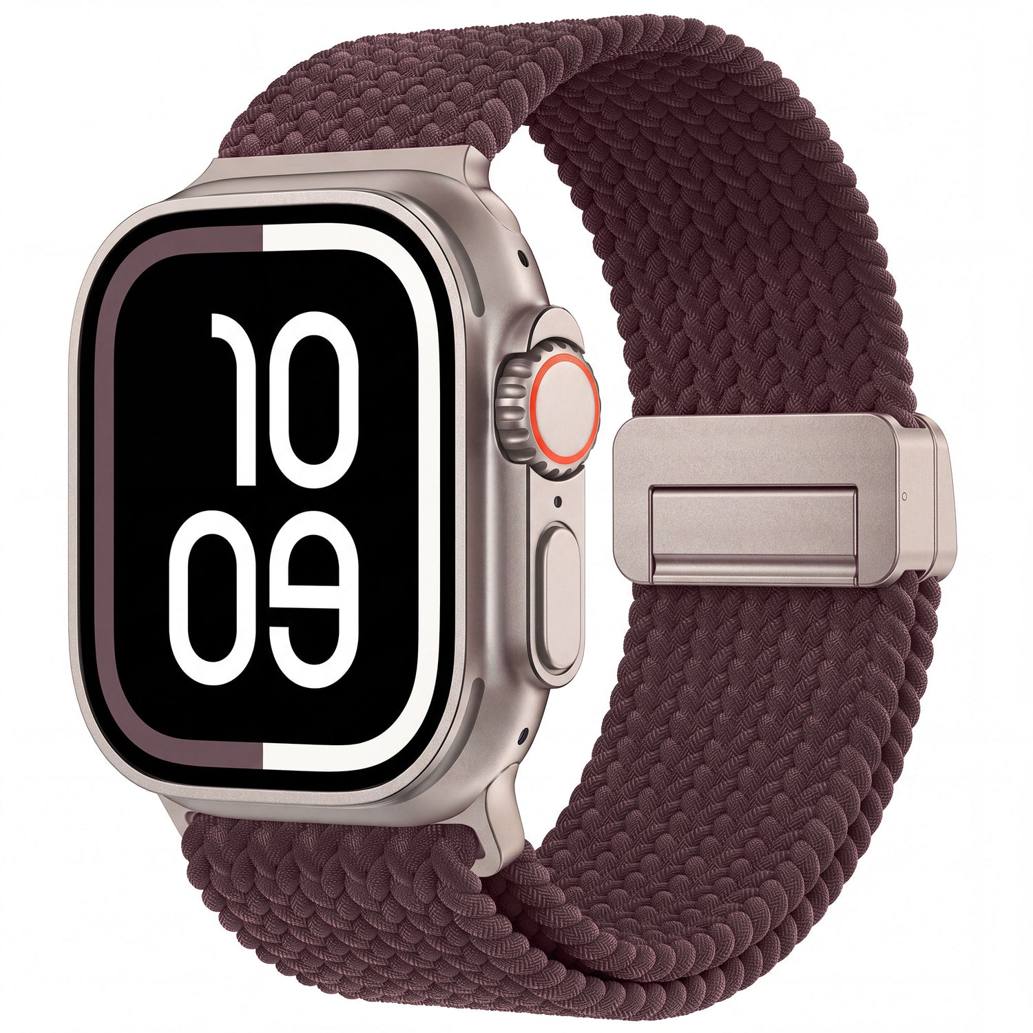 Smartwatch mit dem Arktisband „Geflochtenes Apple Watch Ultra Armband ‚Casual‘“ mit Magnetverschluss in Bordeauxrot, auf deren markantem Digitaldisplay die Uhrzeit 10:09 angezeigt wird.