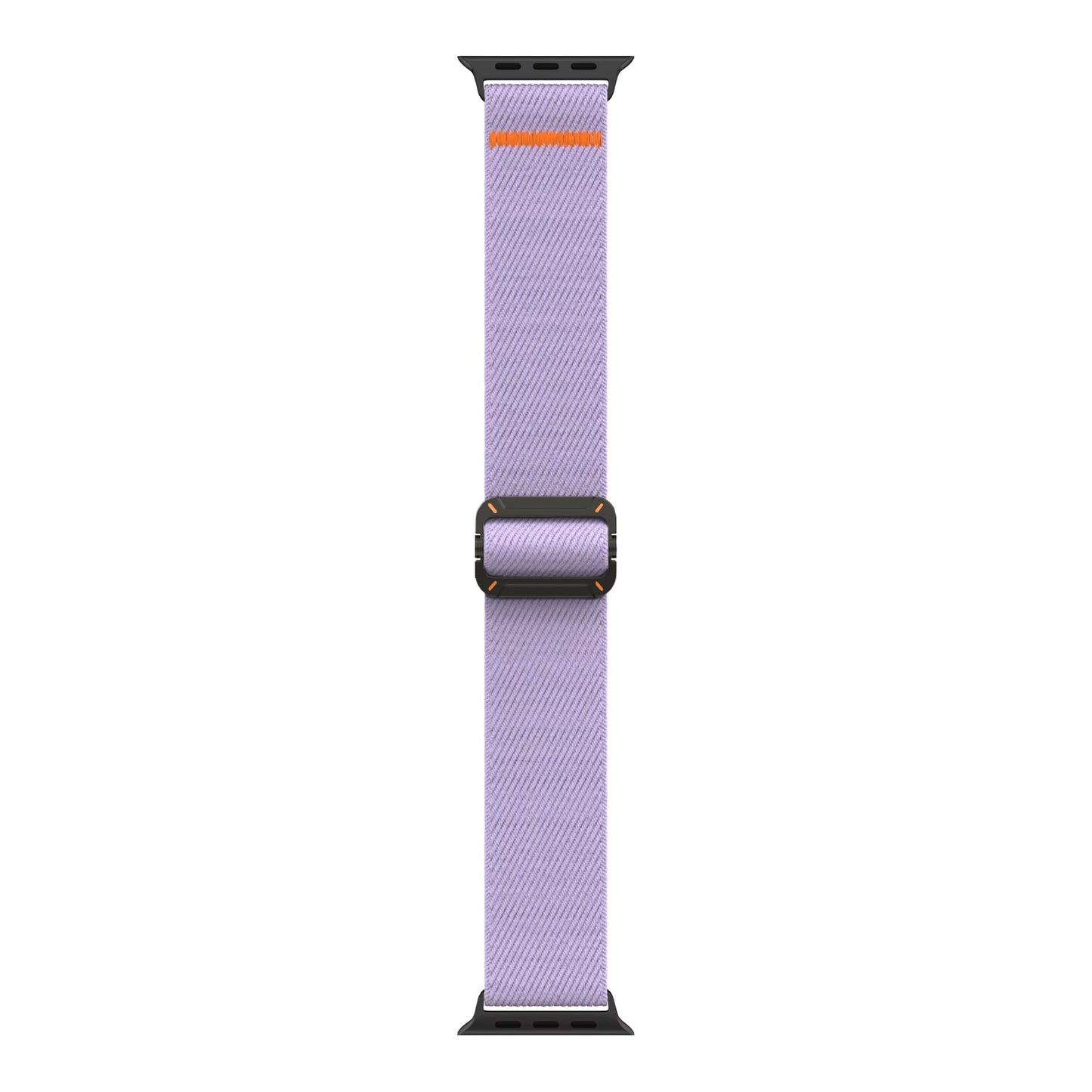 Das arktisband Apple Watch Nylonarmband "FlexOne" hat ein lavendelfarbenes Stretch-Nylonband mit schwarzer Hardware und einer orangefarbenen Akzentlinie im oberen Bereich und bietet Komfort und Stil für Ihre Apple Watch.