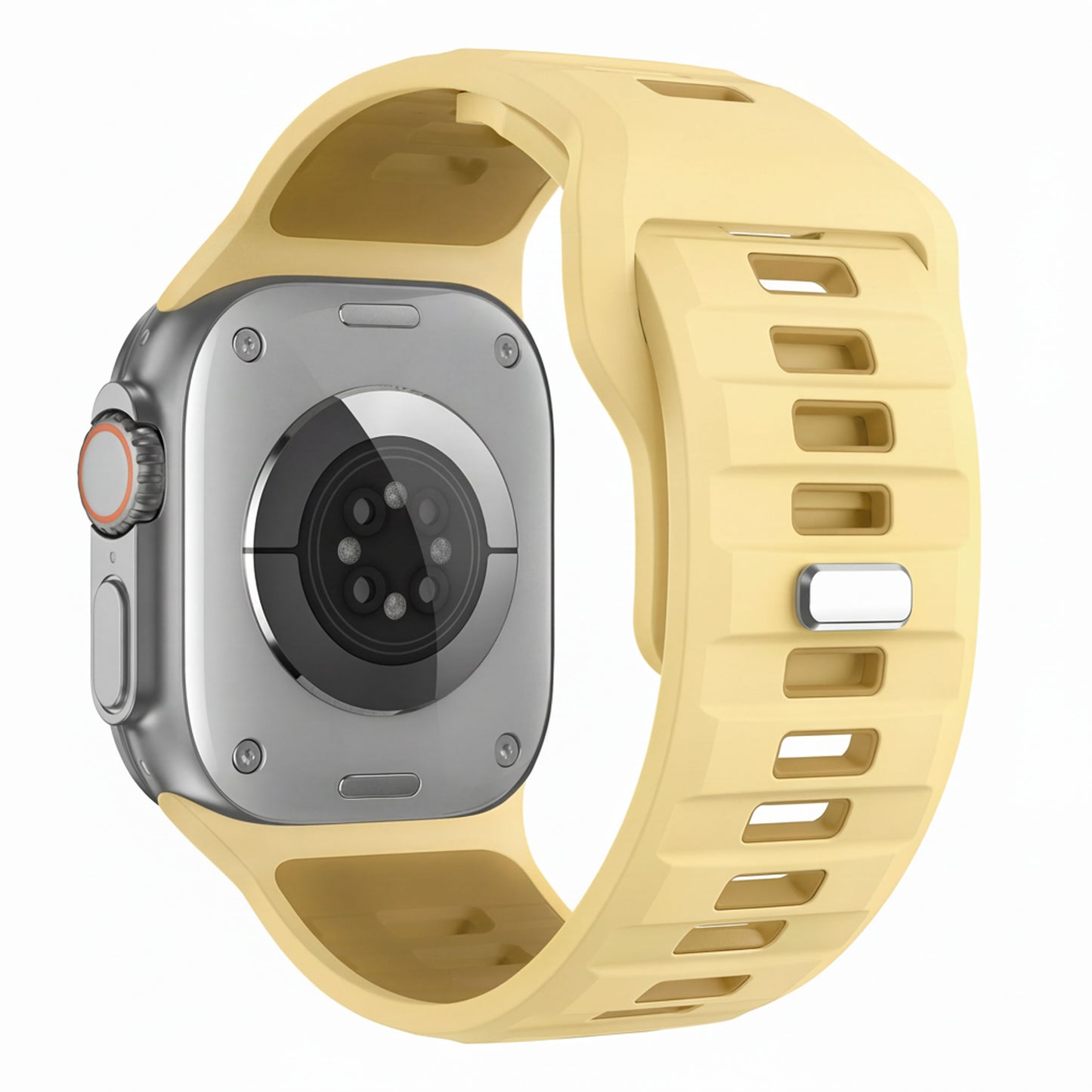 Das arktisband Apple Watch Silikonarmband "Runner" von arktisband, mit einem extrabreiten gelben Sportarmband und einem silbernen Gehäuse, wird von hinten vor einem weißen Hintergrund gezeigt.
