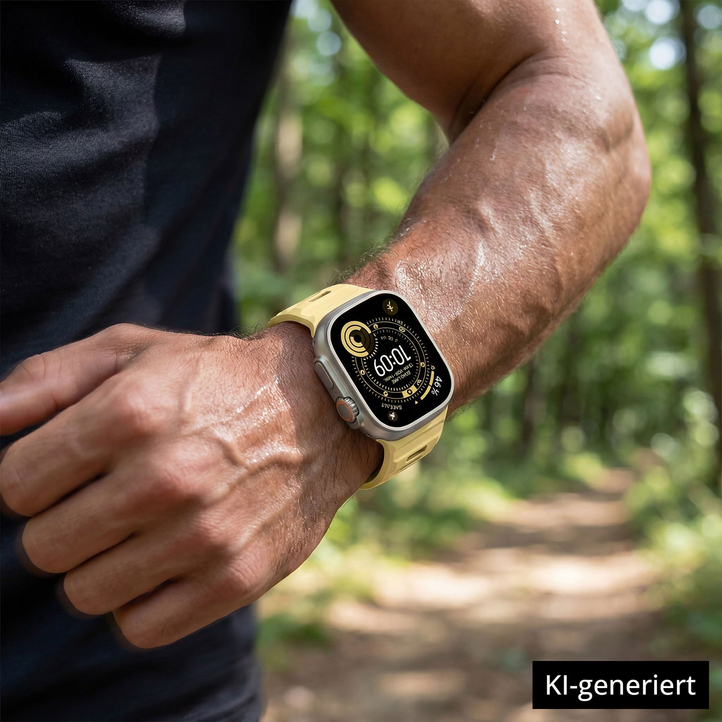 Ein Läufer mit einem Arktisband Apple Watch Silikonarmband "Runner" joggt einen sonnenbeschienenen Waldweg entlang, das Band ist an seinem verschwitzten Arm sichtbar. KI-generiert.