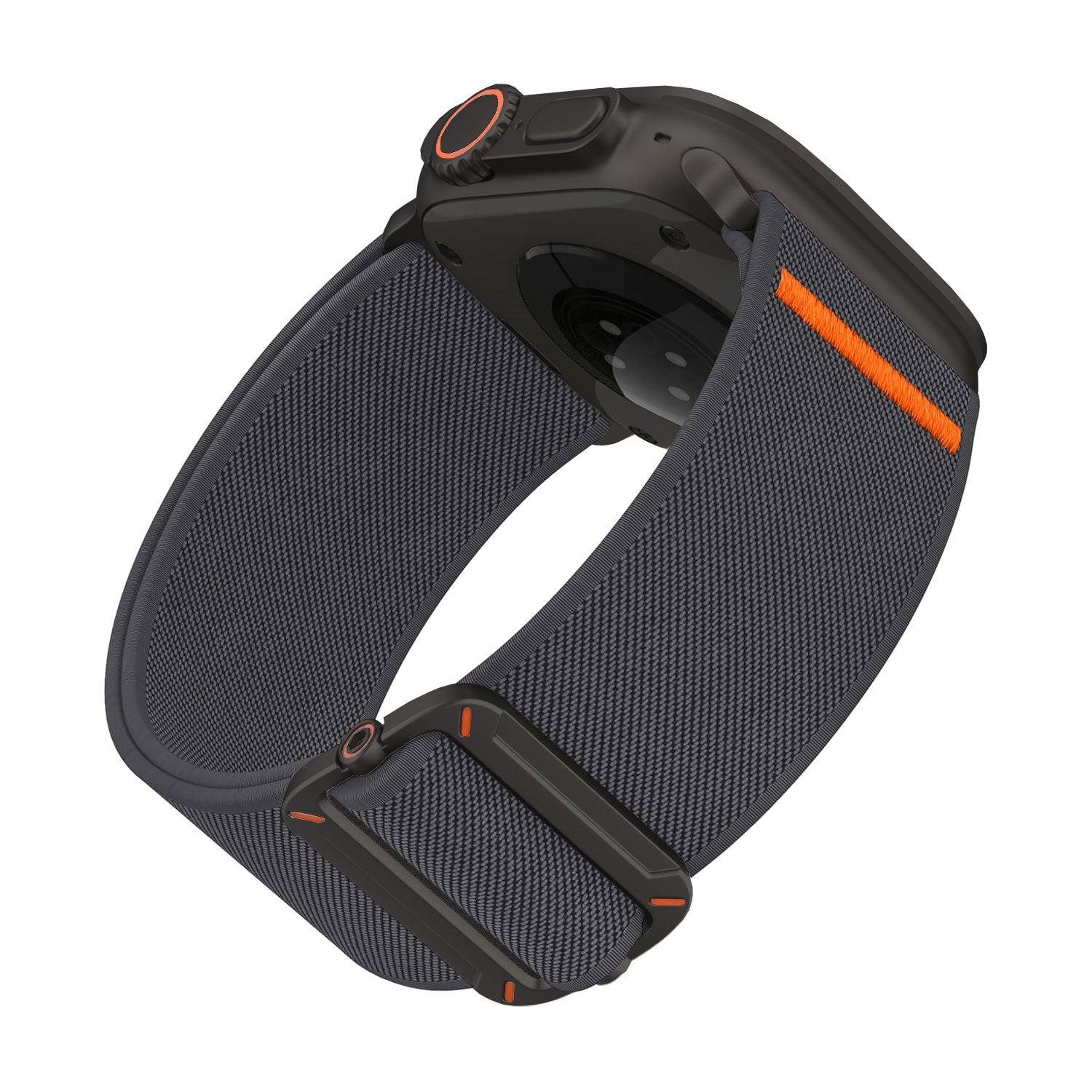 Das arktisband Apple Watch Nylonarmband "FlexOne" von arktisband zeigt eine schwarze Smartwatch und ein dunkelgraues Nylonarmband mit orangefarbenen Akzenten von hinten.