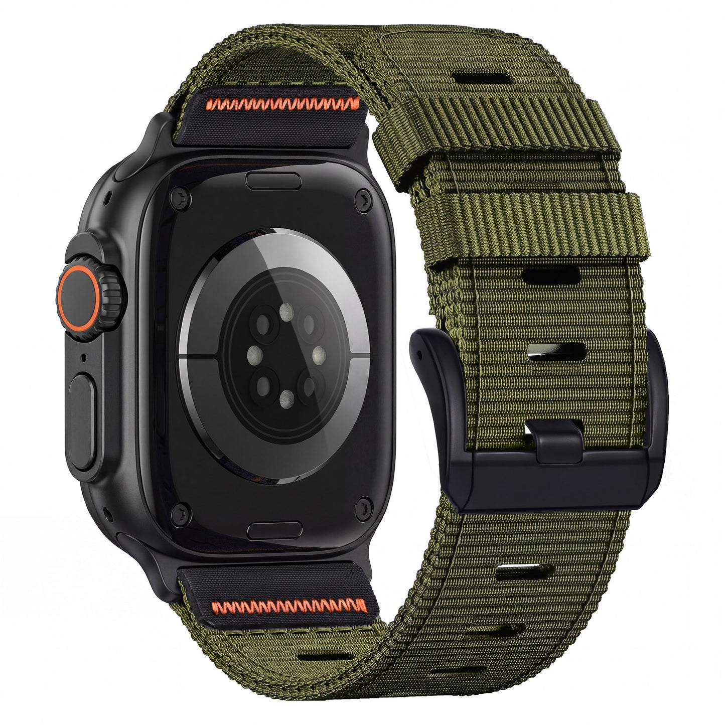 Das arktisband Apple Watch Armband "Terra" von arktisband hat ein extrabreites Nylonband in Grün, ein schwarzes Gehäuse und orangefarbene Akzente - von hinten gesehen und kompatibel mit den Apple Watch Ultra Armband-Modellen.