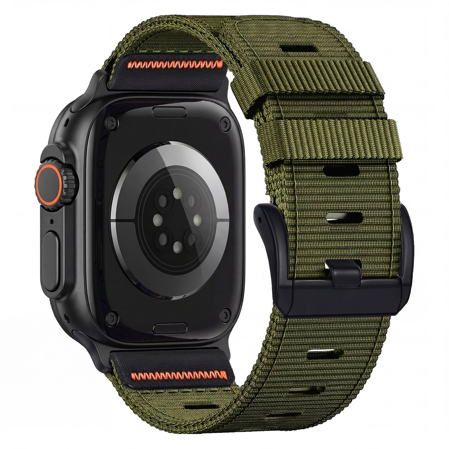 Das arktisband Apple Watch Armband "Terra" von arktisband hat ein extrabreites Nylonband in Grün, ein schwarzes Gehäuse und orangefarbene Akzente - von hinten gesehen und kompatibel mit den Apple Watch Ultra Armband-Modellen.