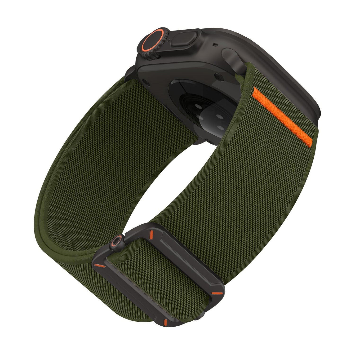 Eine schwarze Smartwatch mit einem olivgrünen arktisband Apple Watch Nylonarmband "FlexOne" von arktisband mit orangefarbenen Akzenten, aus einem seitlichen Blickwinkel dargestellt.