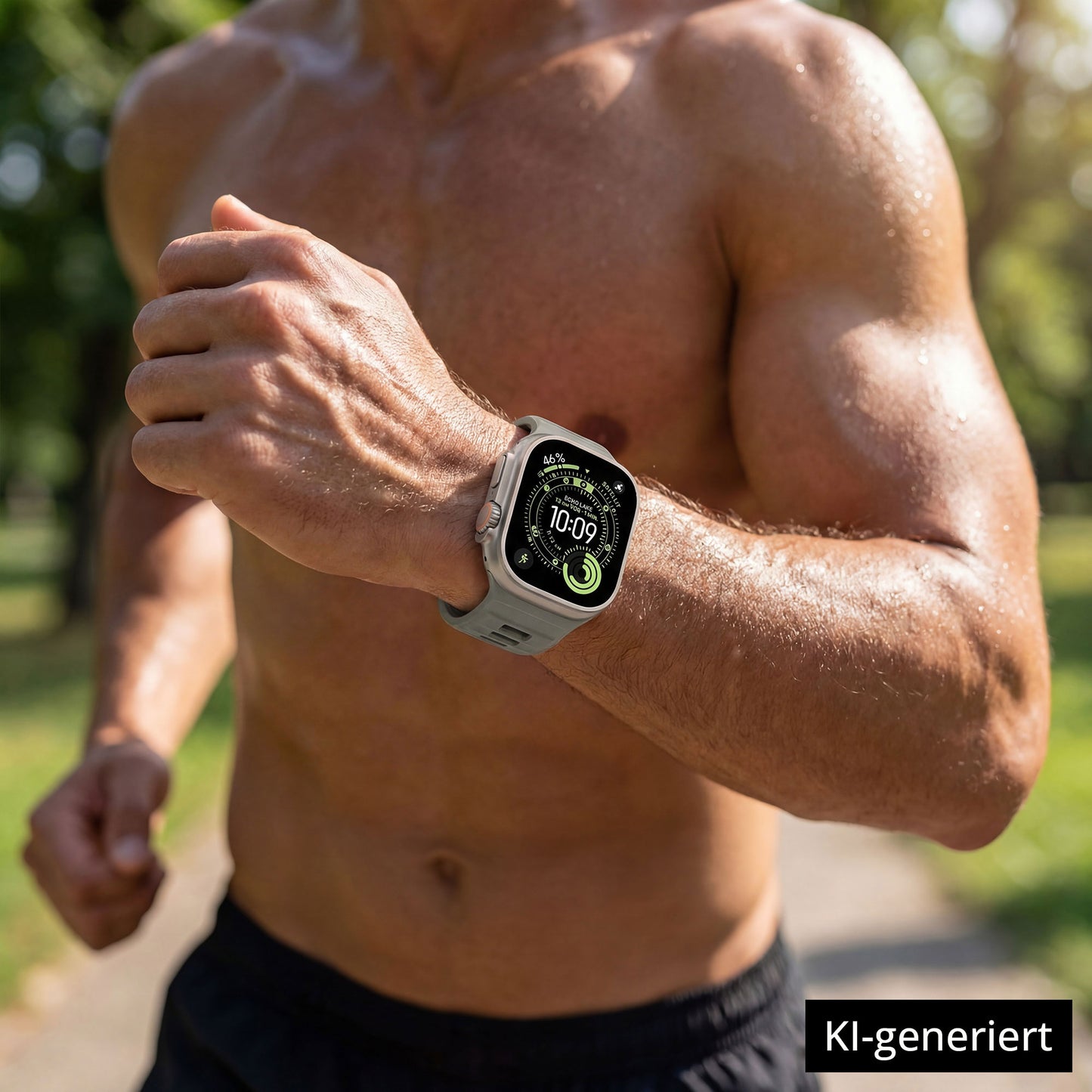 Ein Mann ohne Hemd läuft draußen in der Sonne und verfolgt sein Training mit dem arktisband Apple Watch Silikonarmband "Runner" von arktisband. KI-generiert.